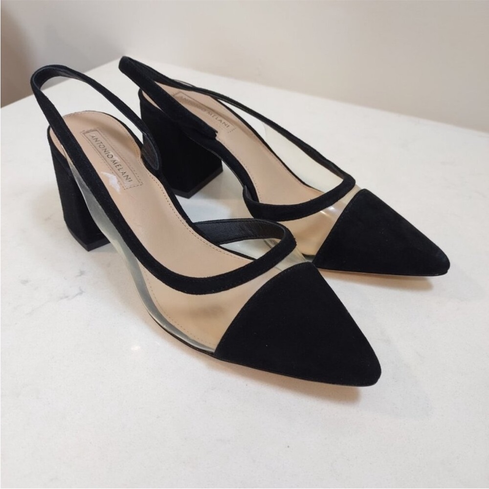 ANTONIO MELANI Black Pointed Slingback Block Heel Pumps - Picture 3 of 4